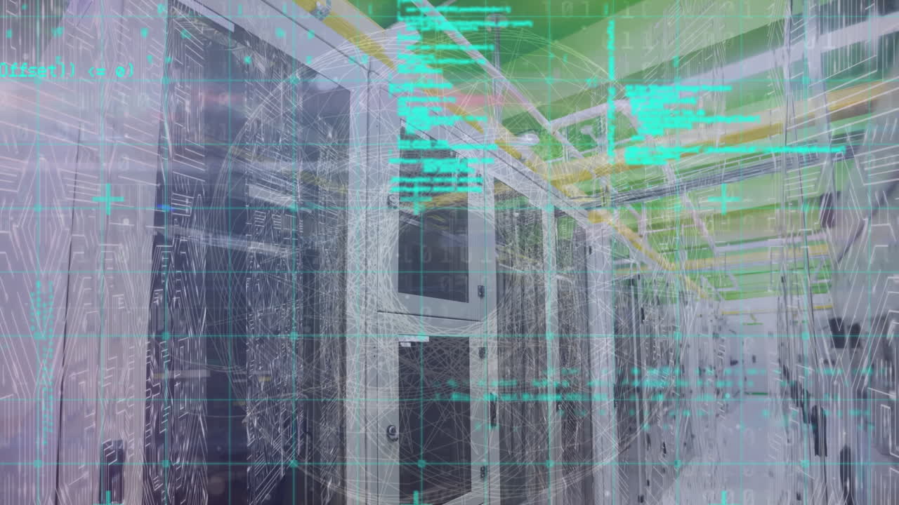Animation of data processing over globe of network of connections against computer server room