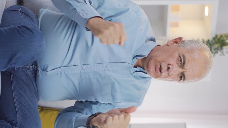 Vertical video of Self motivated old man.