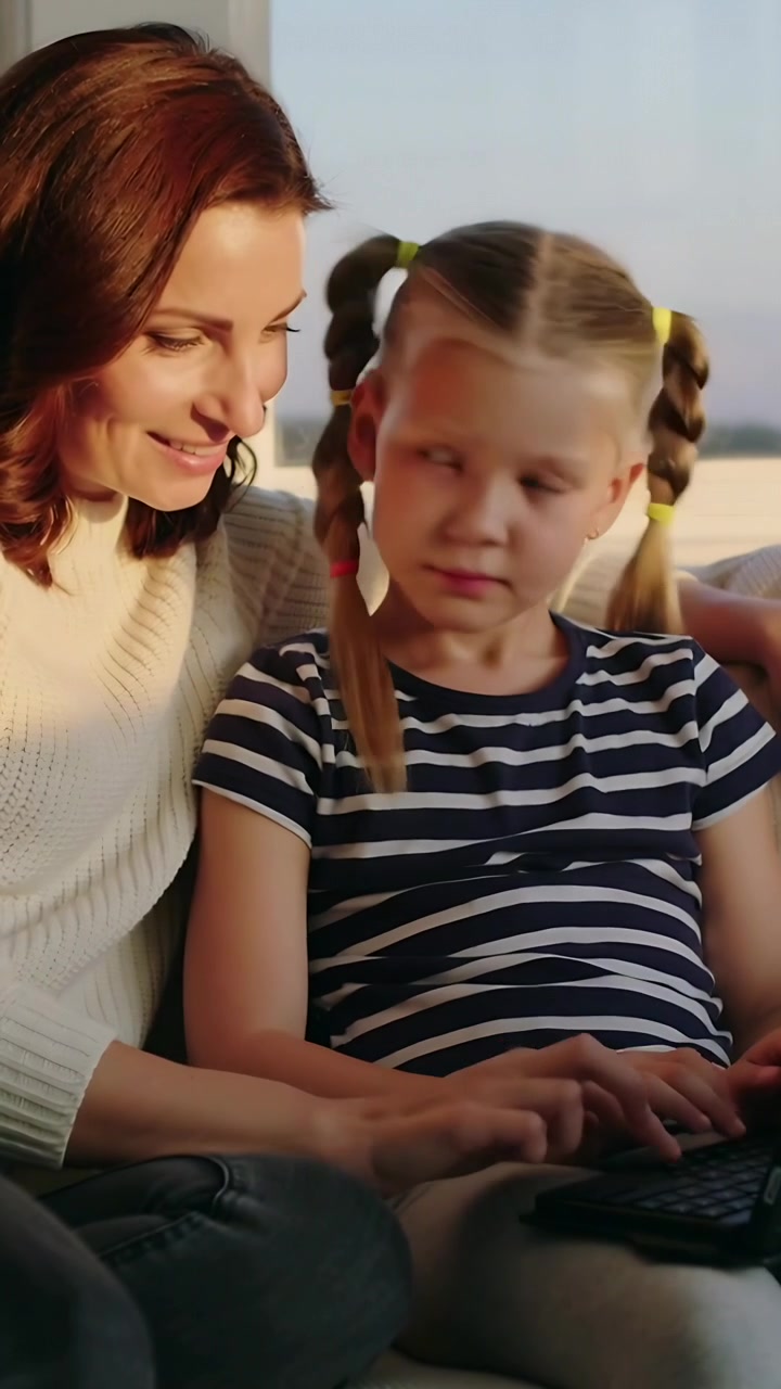 Video verticale: Mamma che si china e guida una bambina a strisce che si esercita a toccare un dispositivo nero, vicino al divano e alla finestra.