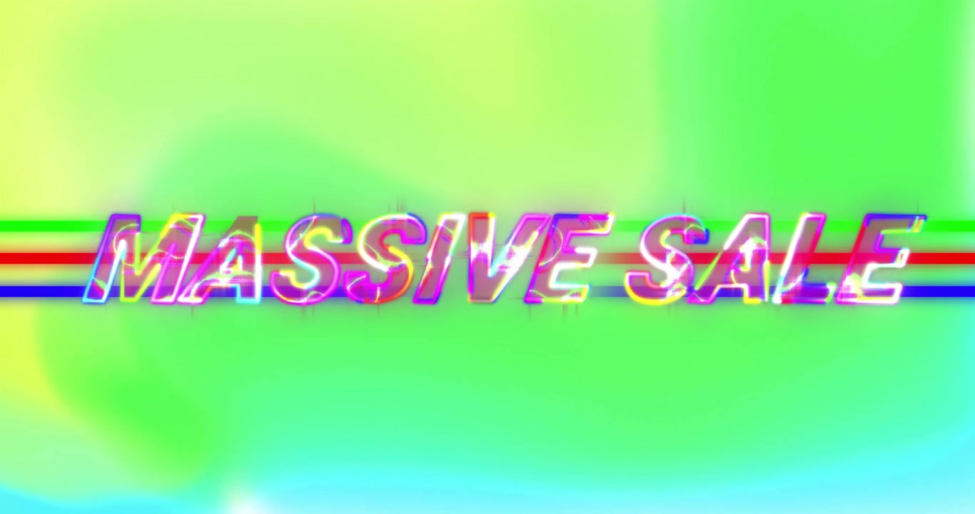 Shapes blipping then 3D text sliding and glitch pulsing on neon gradient to announce MASSIVE SALE