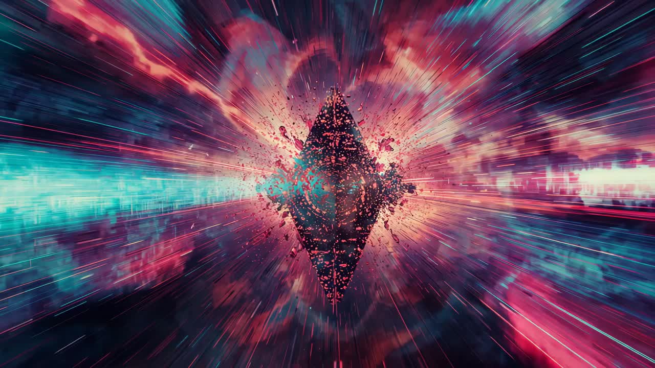 Glowing specks appearing, black diamond fragmenting and emitting core in nebula with radial streaks