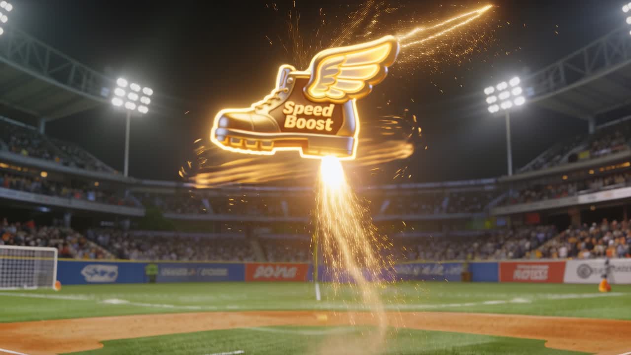 Appearing golden winged boot labeled Speed Boost powering above base for speed, leaving spark trail