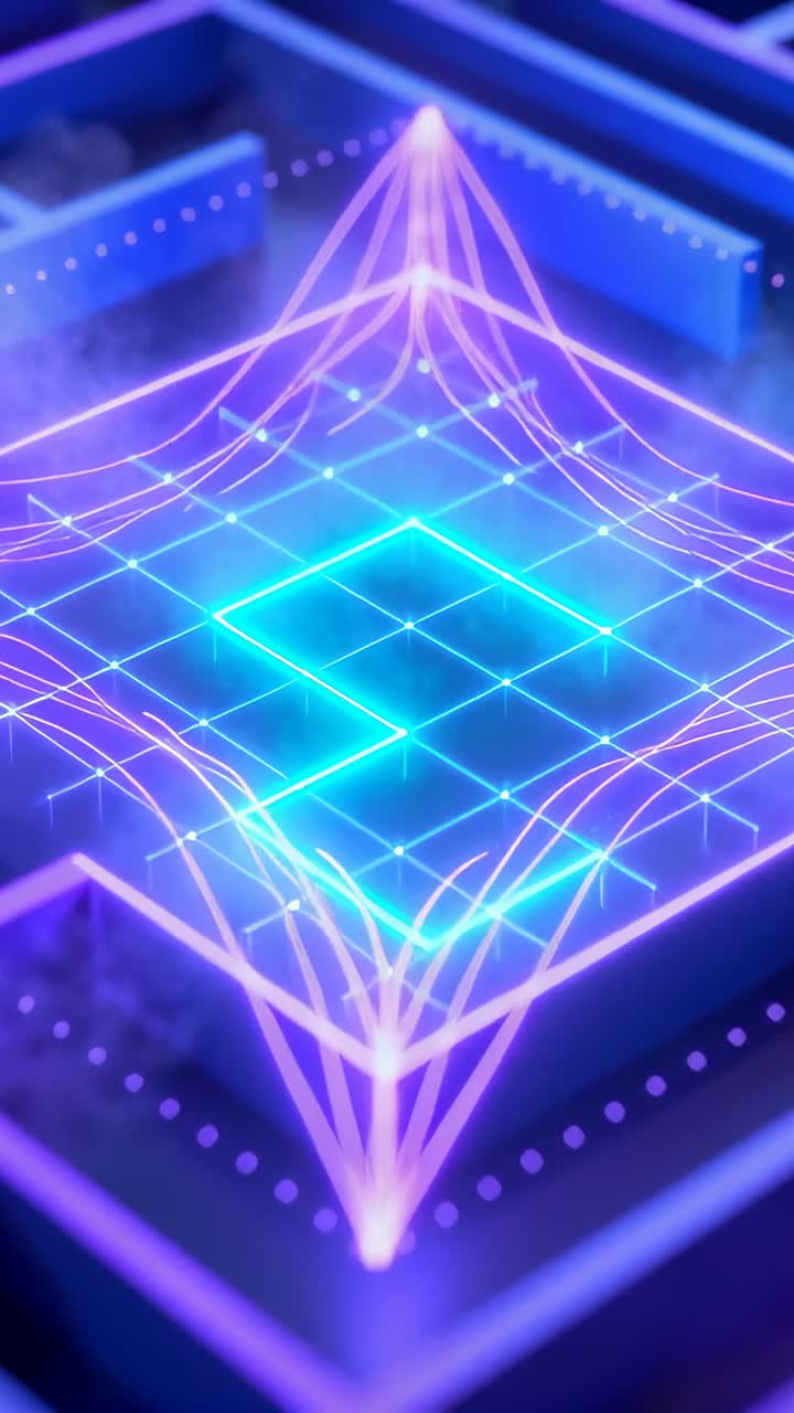Vertical video: Grid pulse sparking raised pad firing pink arcs, forming cyan cross on neon circuit