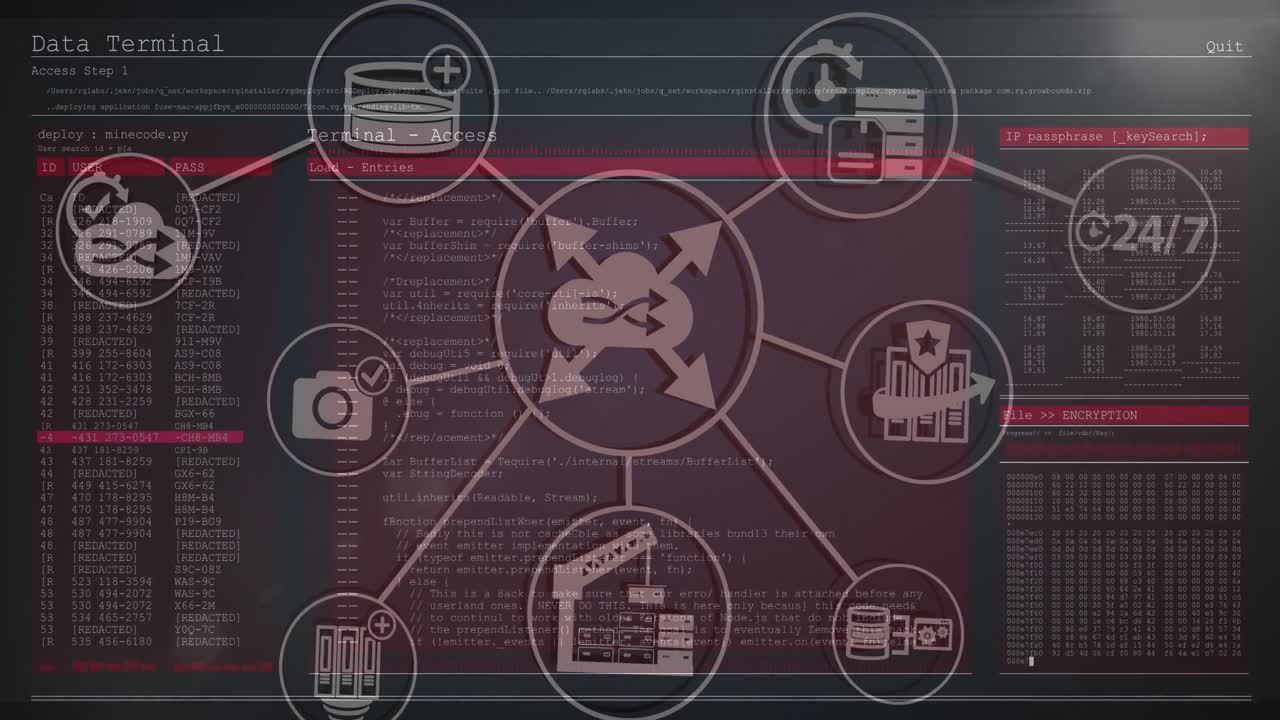 Animation of network of digital icons over data processing against grey background