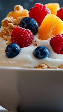 vibrant yogurt bowl with fruits. a colorful bowl of yogurt topped with raspberries, blueberries, peaches, and granola makes a healthy breakfast.