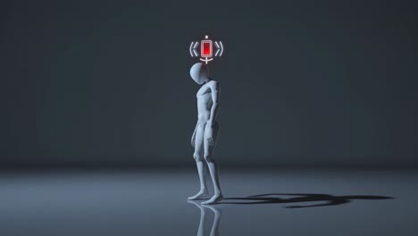 eine humanoide figur, die allmählich abfällt und digitale erschöpfung verkörpert, mit einem symbol für einen leichten akku über dem kopf, auf einem dunkelgrauen hintergrund