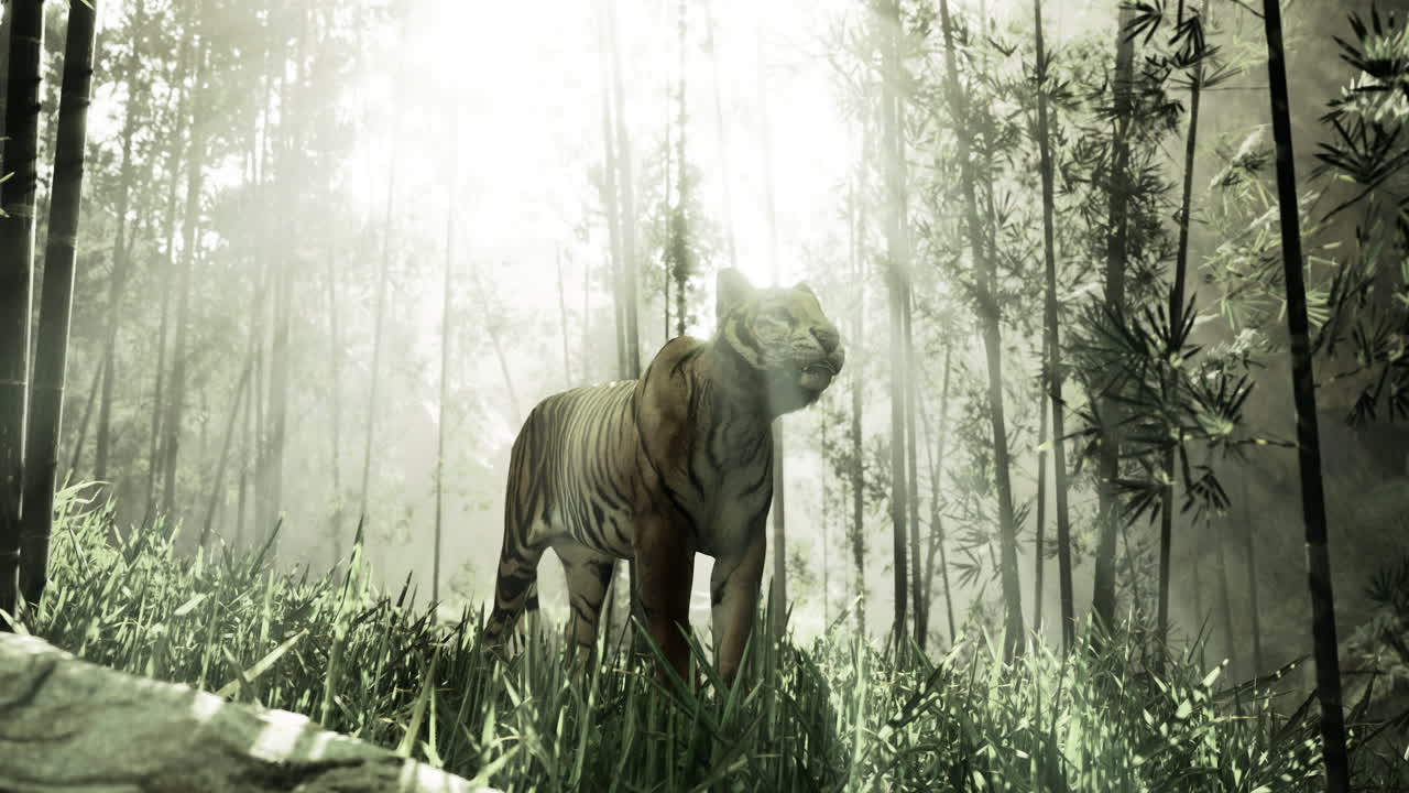 Majestic tiger roaming in a misty bamboo forest during daylight hours