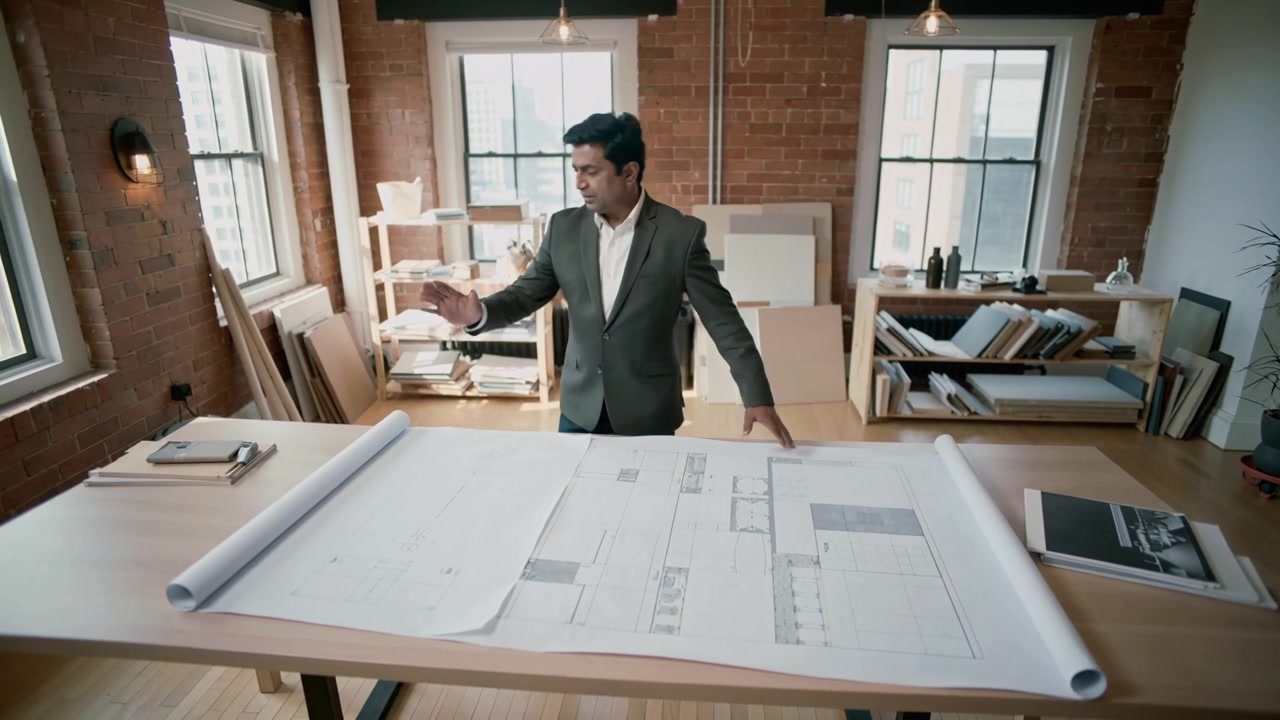 Mannelijke ontwerper in colbert komt binnen, rolt plan uit en bereidt het voor ter beoordeling aan een lofttafel.