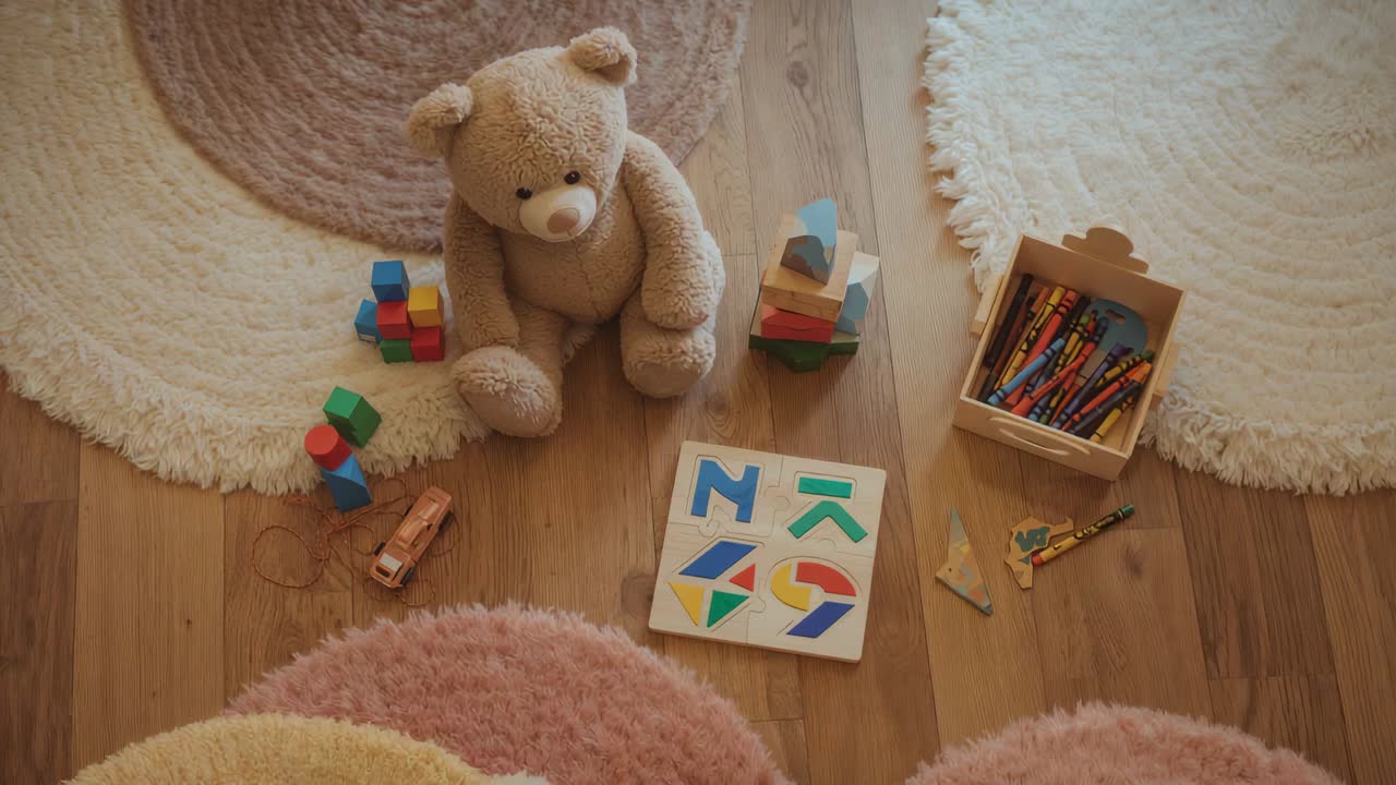 Moving overhead camera revealing child's play area on wood floor, showing lower rugs and toys