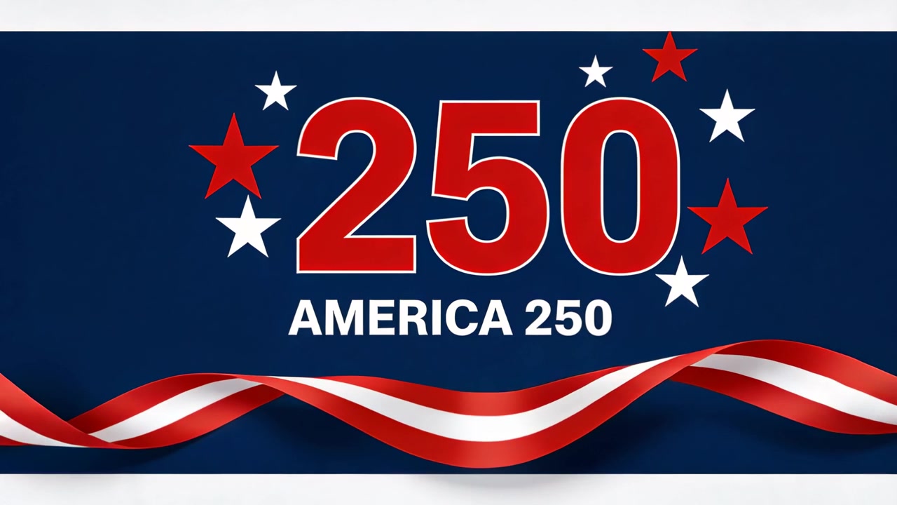Grafica che mostra "250 AMERICA 250" con nastro e stelle animate su uno striscione blu navy, con barre bianche per enfasi.