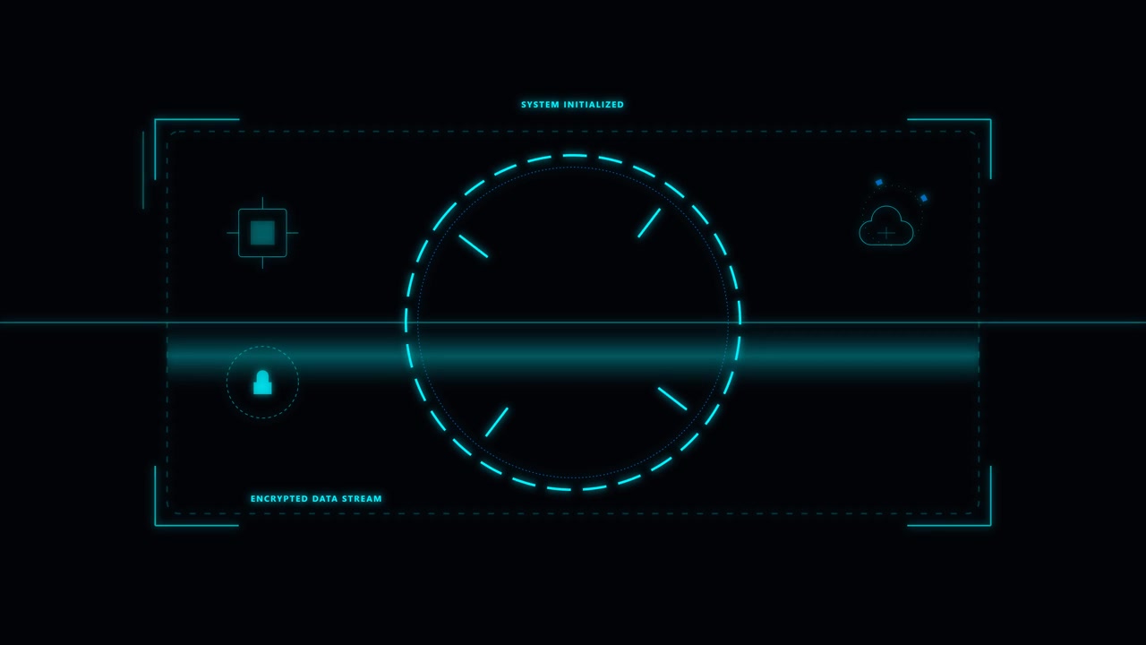 Antarmuka HUD Digital Futuristik dengan Elemen Data Melingkar Berputar