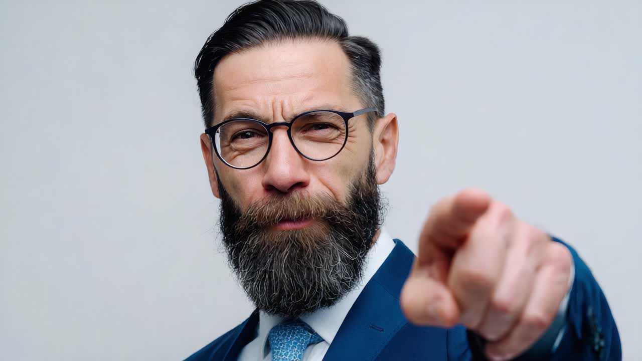 A Confident Man with a Beard and Glasses Directs Attention with a Pointing Gesture, Showcasing Authority and Leadership in a Professional Setting
