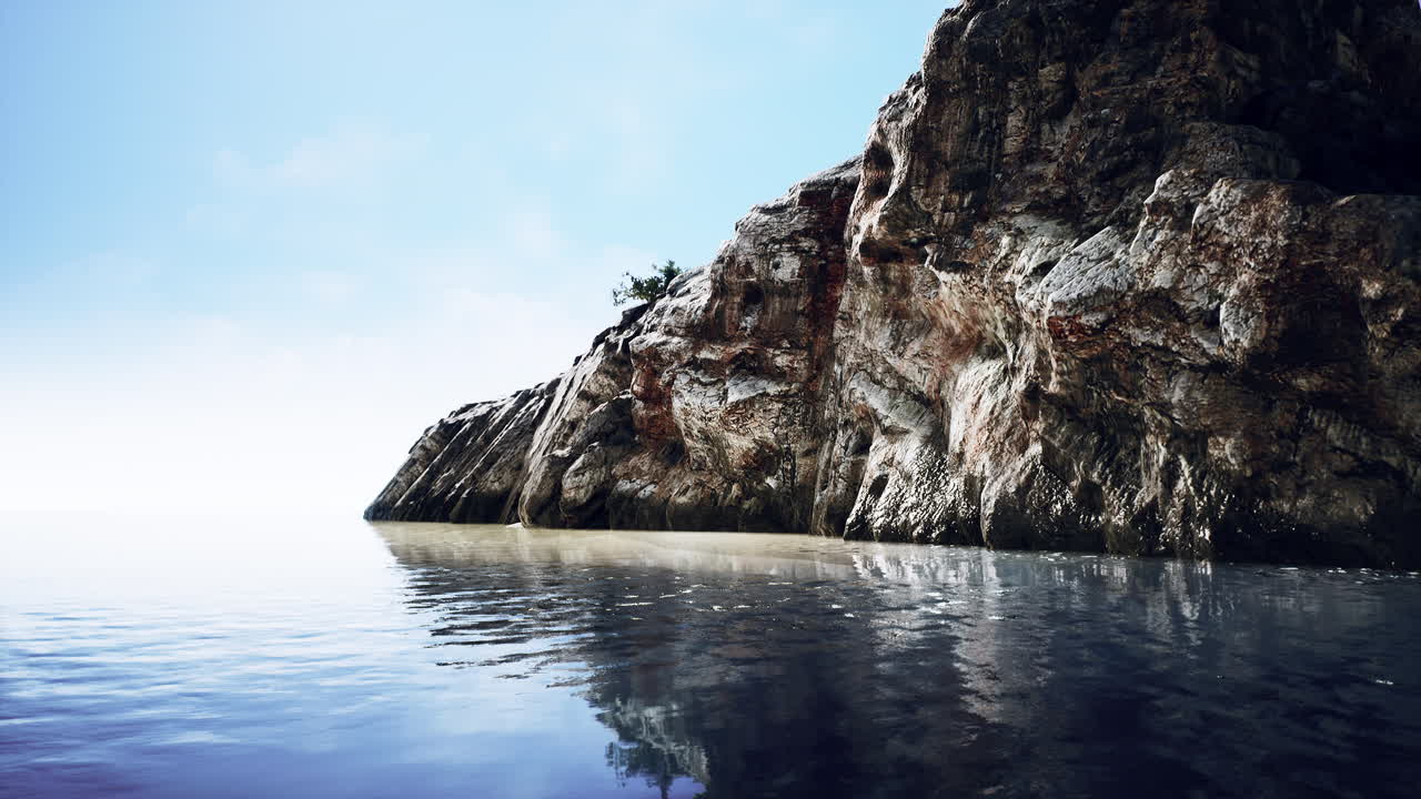 평온 한 바다 풍경: 바위 가 있는 절벽 과 조용 한 바다 가 만나는 곳