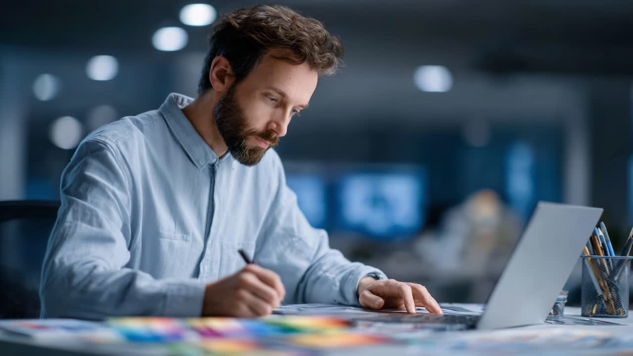 Focused Artist Working on Digital Creation at Desk with Laptop and Colorful Palette in Modern Studio Environment, Showcasing Creativity and Dedication to Craft