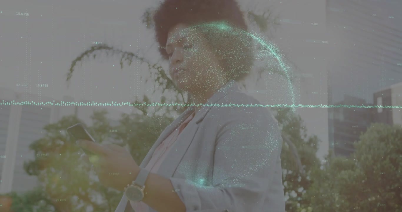 Businesswoman slowing and checking phone while green wave overlaying and camera panning up