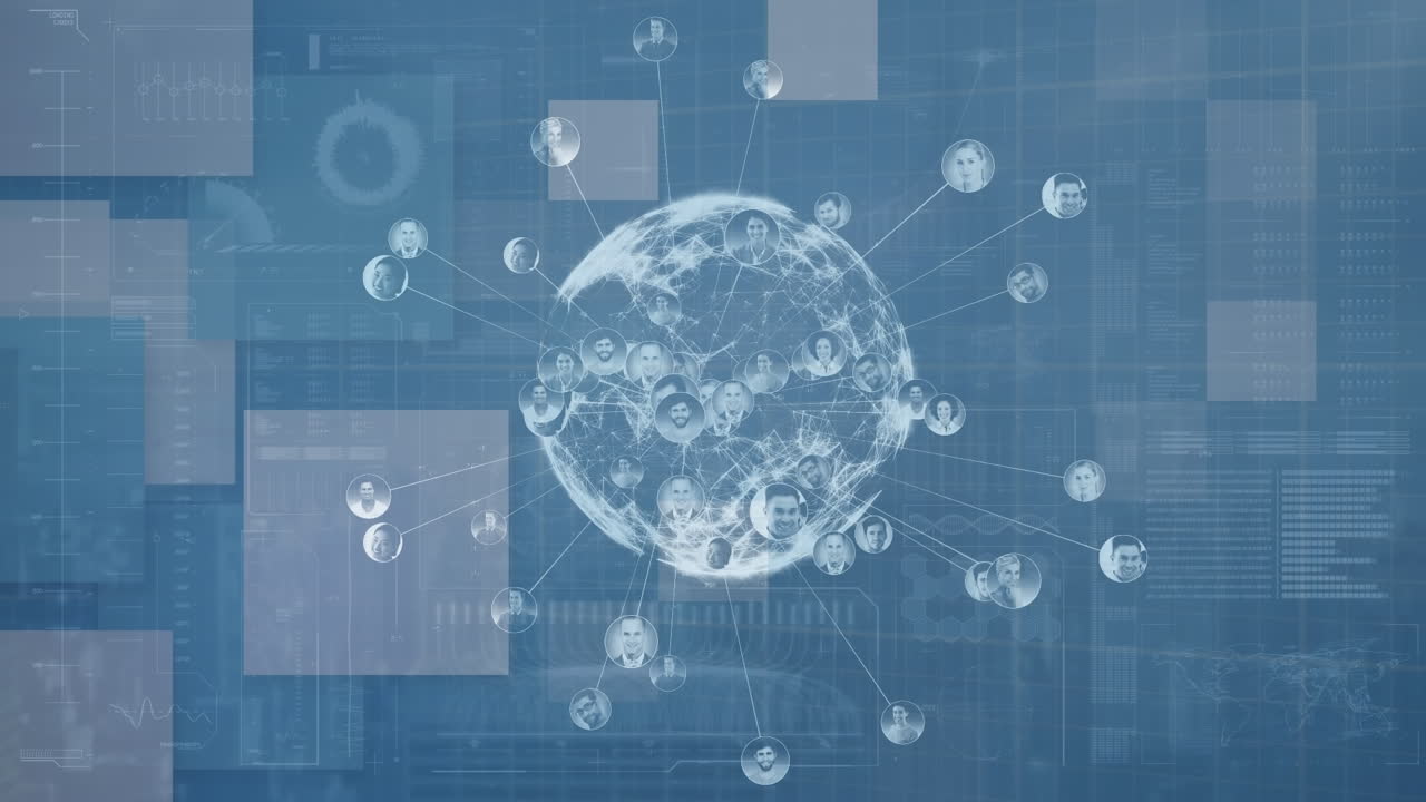 아이콘의 애니메이션, 연결의 네트워크 및 파란색 공간에서 회전하는 지구