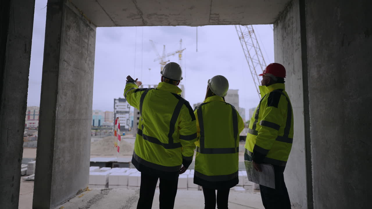 los trabajadores profesionales en el sitio de construcción el capataz y los arquitectos están viendo el edificio en construcción