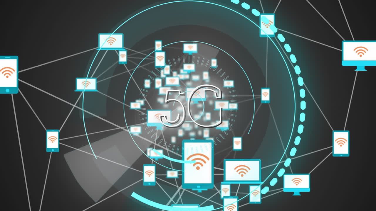 Devices with wifi logo and 5G written in the middle of a futuristic circles