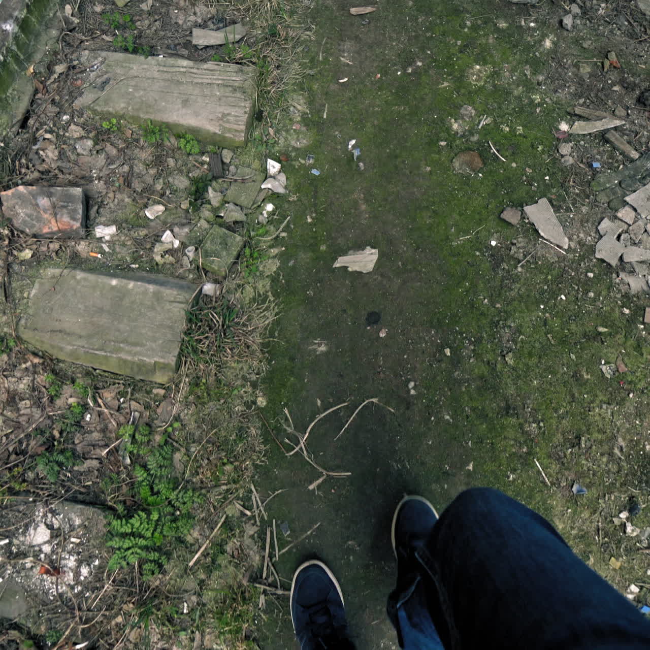 Legs of a man going on the path near the old railroad outdoors. Male's legs go through the dirty place with rubbish.