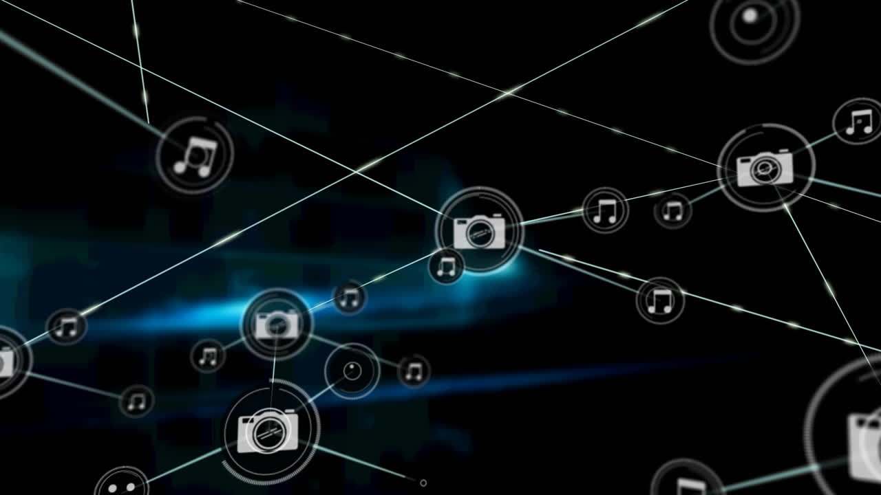 animação de redes de ligações com ícones sobre trilhas de luz azul