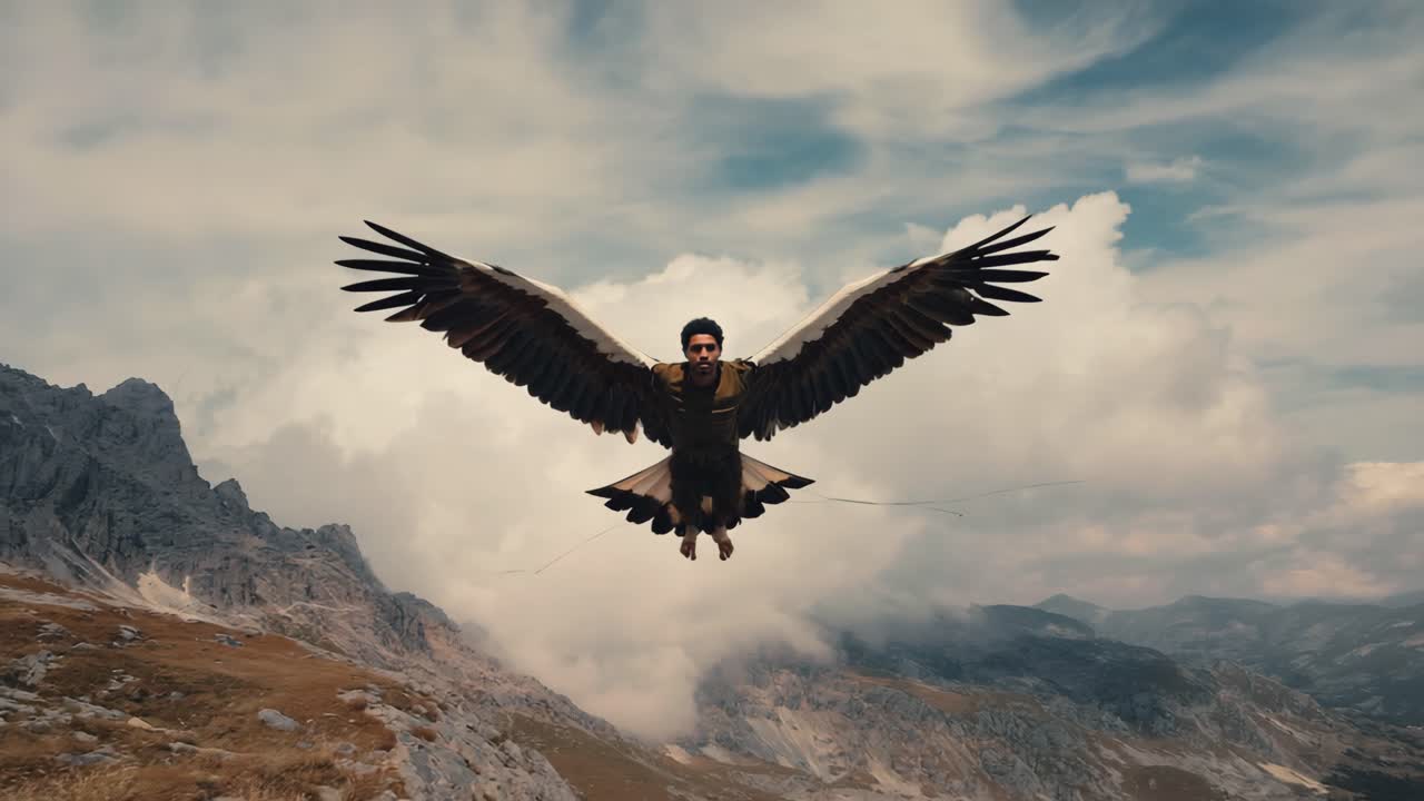Man with Eagle Wings Flying over Mountains