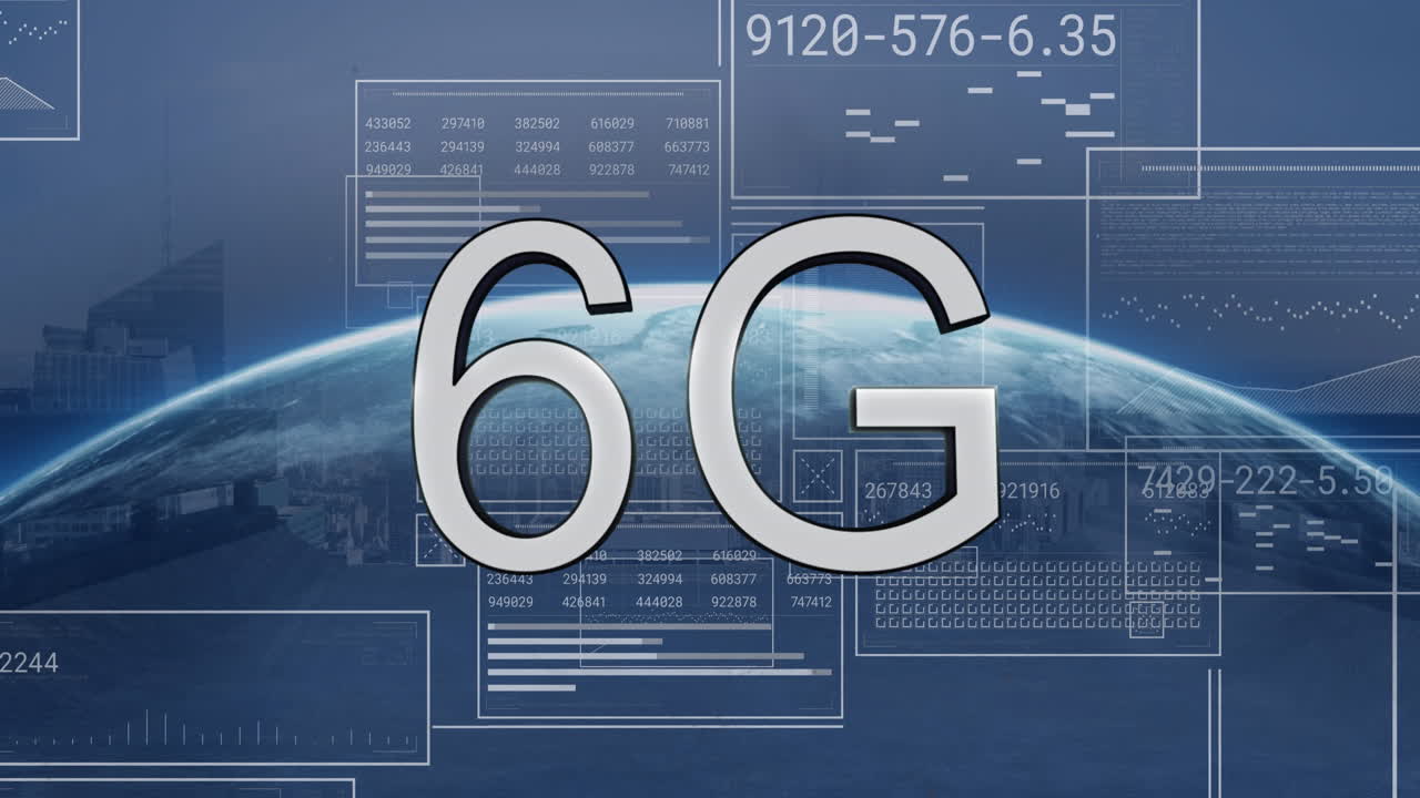 animación de texto 6g, globo y procesamiento de datos por computadora