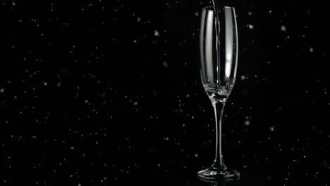 Animation-of-white-specks-floating-over-glass-of-champagne-on-black-background