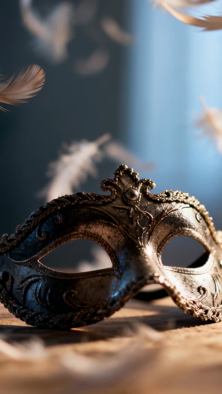 Video verticale: Maschera veneziana ornata poggiata con piume che fluttuano dall'alto sul piano di un tavolo