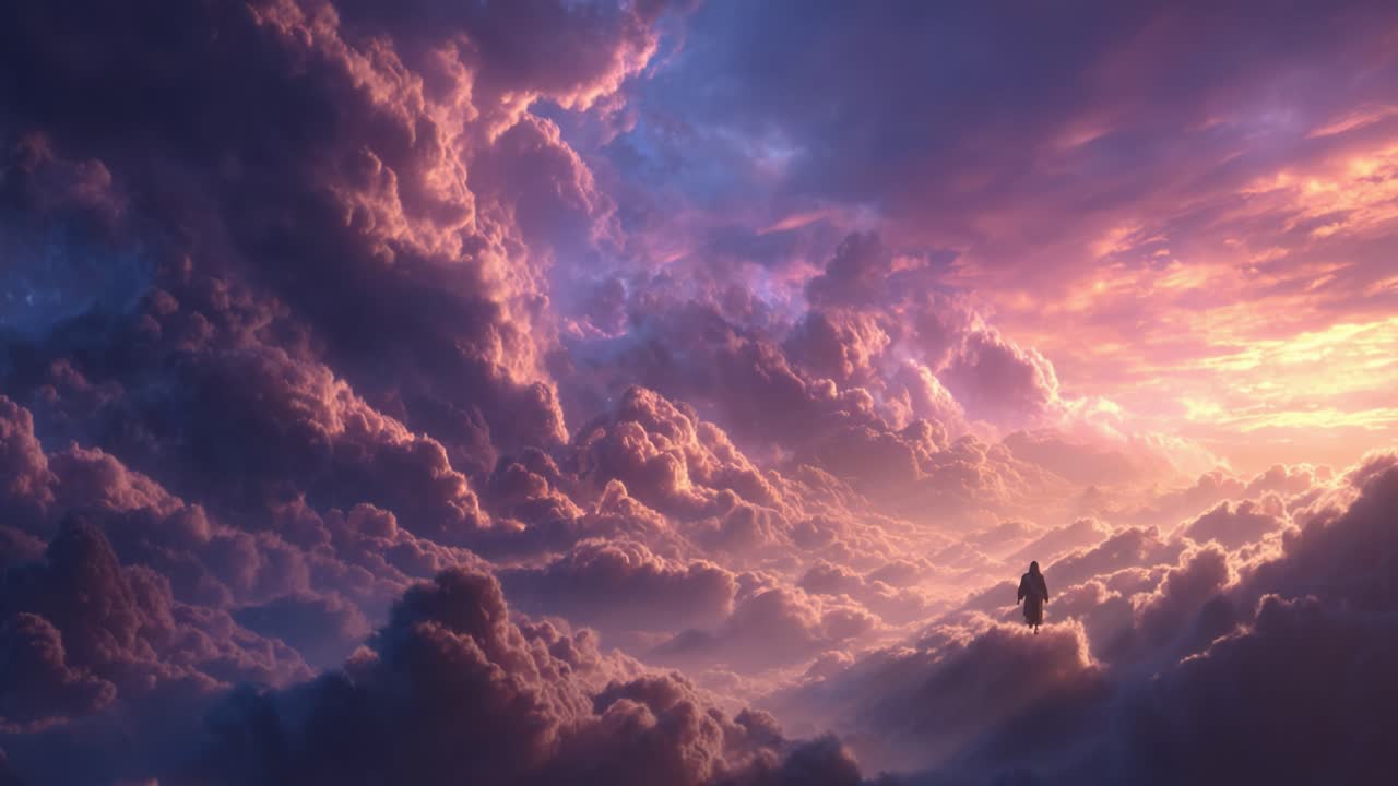 Un maestoso viaggio attraverso nuvole vibranti: Una figura solitaria in piedi tra cieli celesti mozzafiato, immersi nei ricchi colori dell'alba e del tramonto.