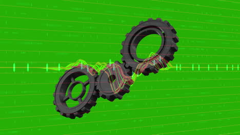 animación de engranajes que giran sobre diversos datos sobre un fondo verde