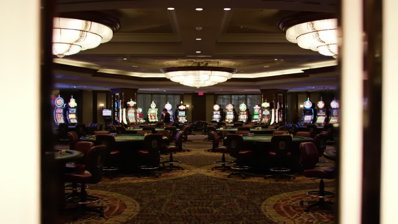 Illuminated casino interior showcasing vibrant gaming machines and poker tables, creating an immersive atmosphere for visitors seeking entertainment and leisure.