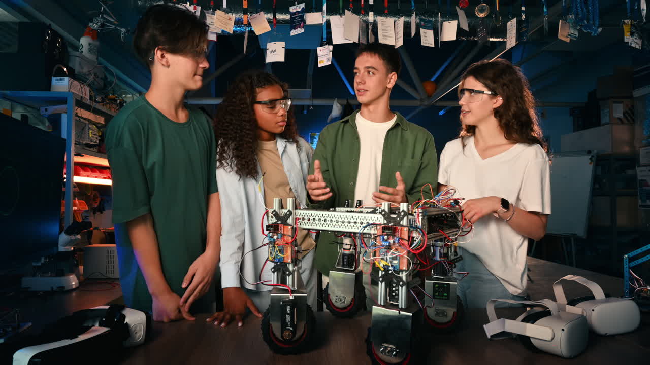 Group of young people discussing and doing experiments in robotics in a laboratory. Robot on the table