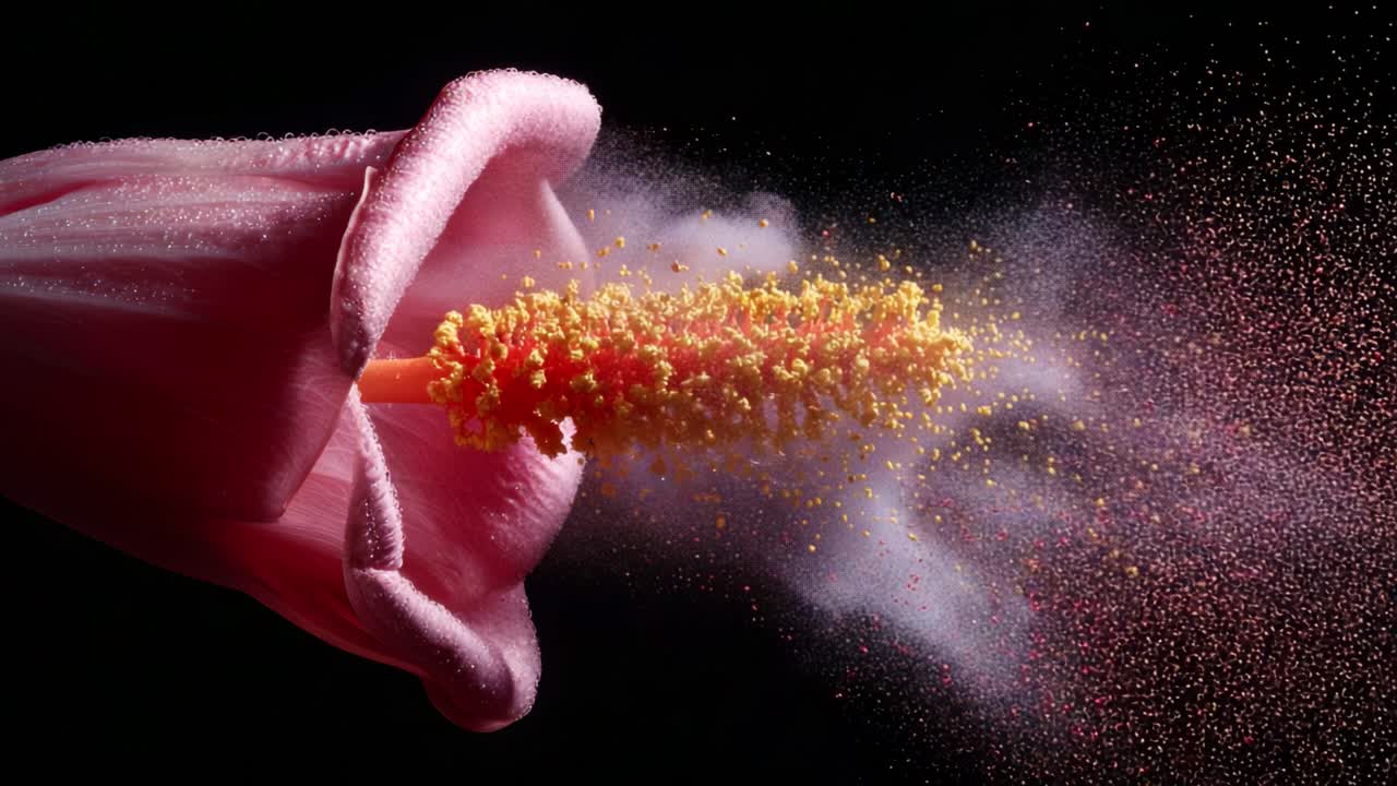 A Stunning Close-Up of a Hibiscus Flower Releasing Pollen in an Incredible Burst, Capturing Nature's Beauty and Complexity Against a Dark Background