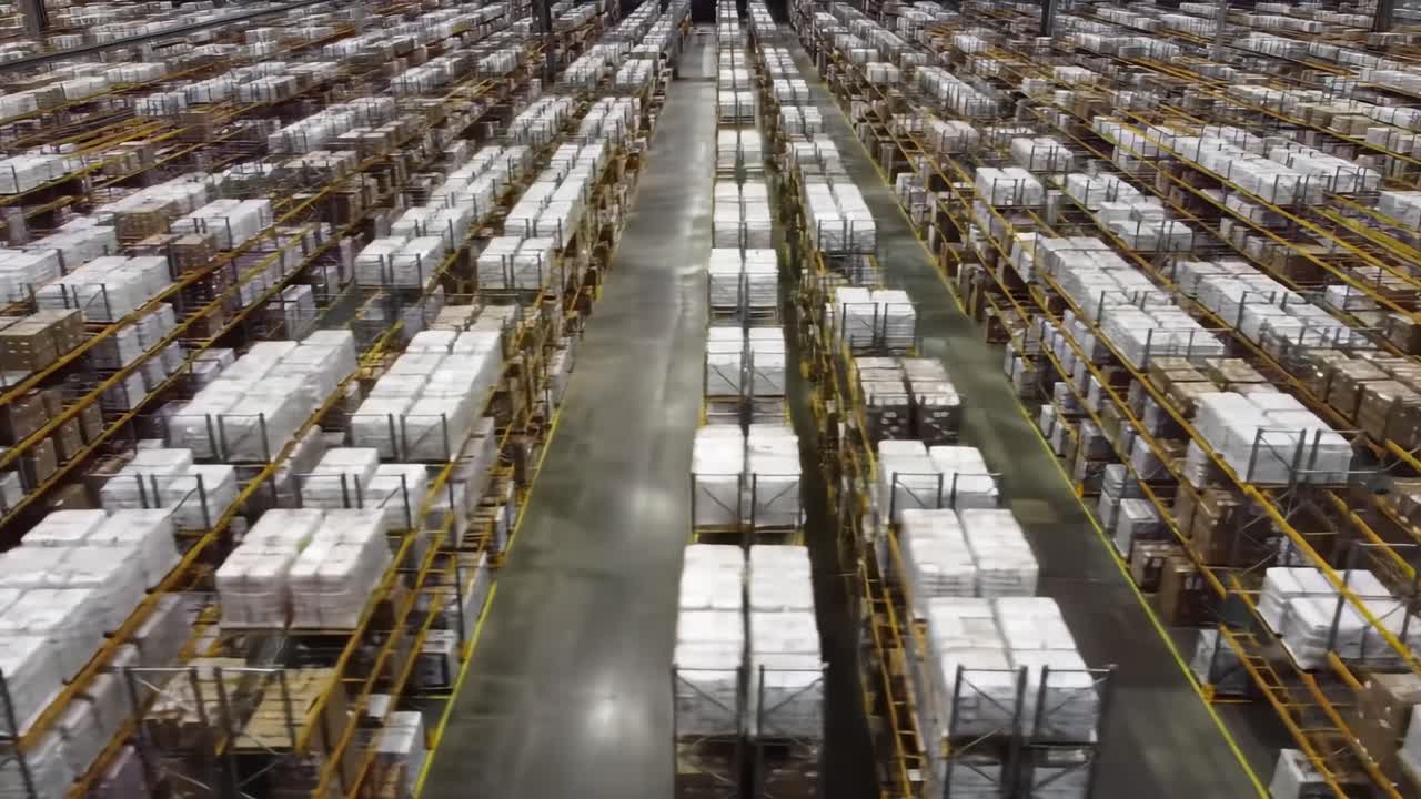 A vast storage warehouse contains rows upon rows of neatly stacked pallets. Each pallet is carefully arranged, showcasing efficient organization and space management.