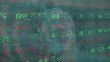 Animación-Del-Procesamiento-De-Datos-Financieros-Con-Globo-Y-Mapa-Mundial-Sobre-Fondo-Verde