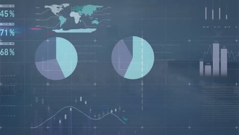 Animation-of-data-processing-and-world-map-over-cityscape