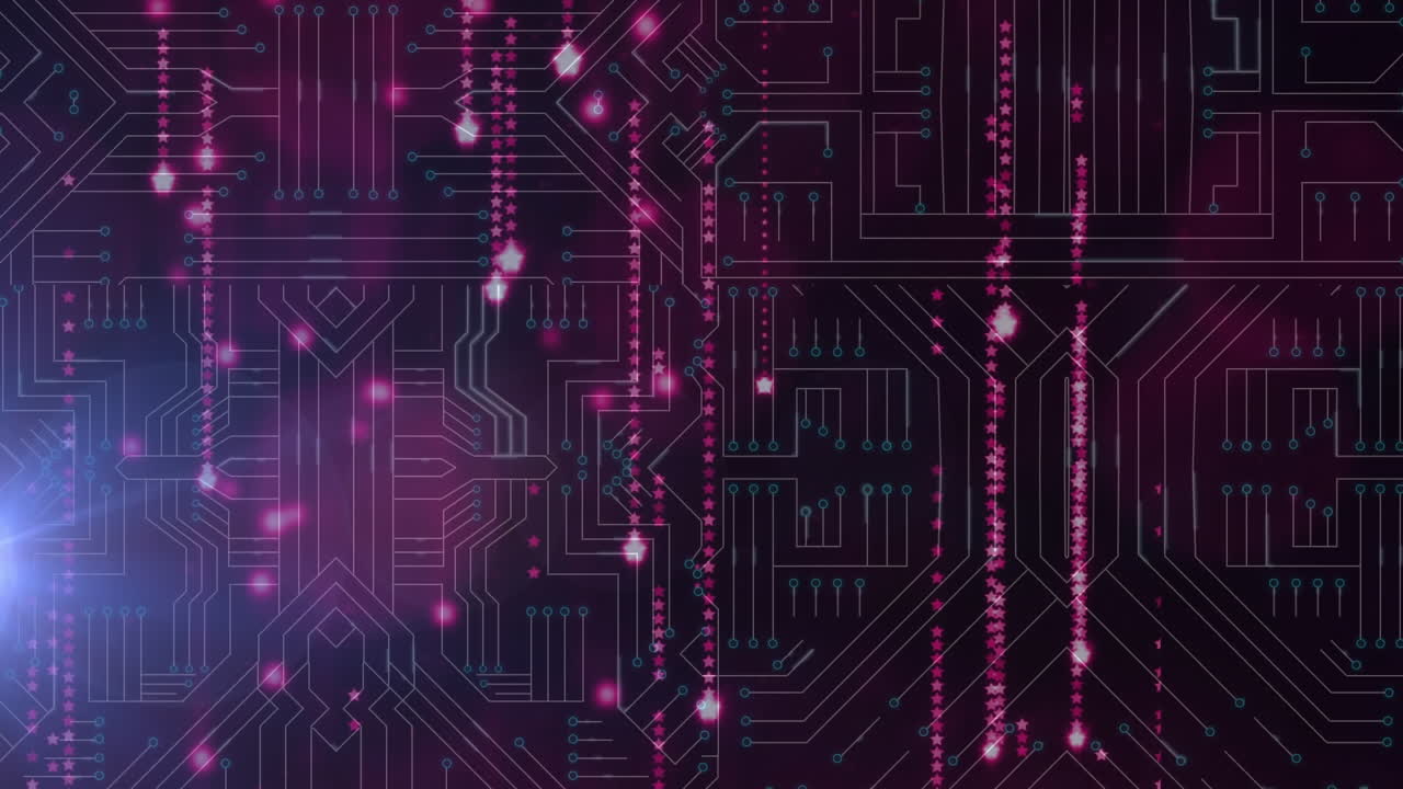 animación del procesamiento de datos en una placa de circuito luminoso de computadora