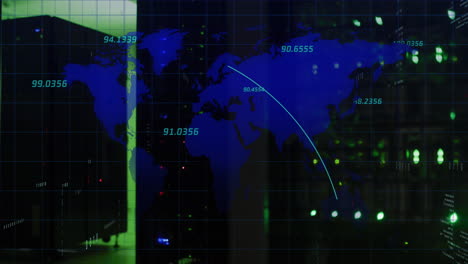 animation of data processing over world map on black background