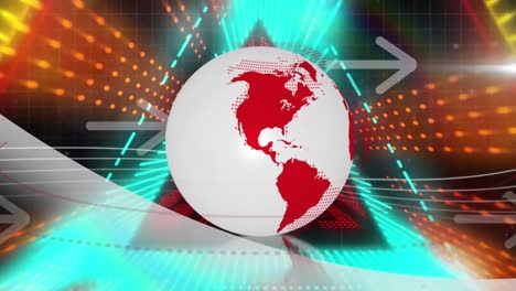 animation of neon triangular shapes in seamless pattern against spinning globe and arrow icons