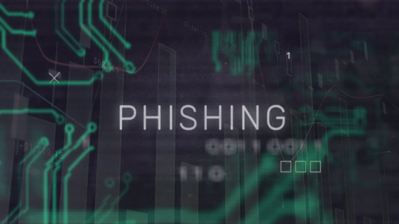 Animation of phishing text over computer circuit board and data processing