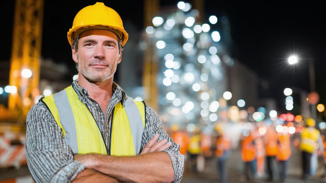 Confident Construction Worker in Safety Gear Overseeing Nighttime Operations at a Busy Construction Site with Team Members in Background and Bright Lights