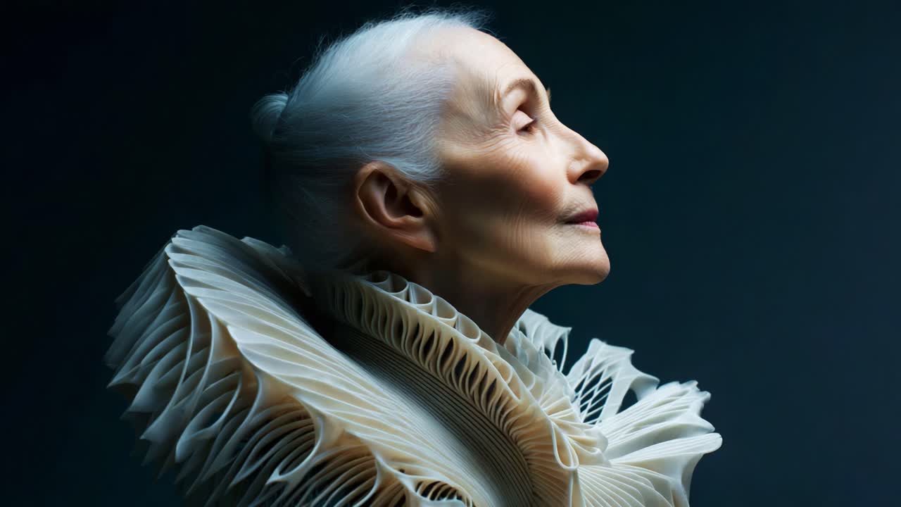 Captivating Portrait of an Elegant Elderly Woman Showcasing Artistic Fashion Design with Intricate Ruffles, Emphasizing Beauty, Grace, and Timelessness Against a Dark Backdrop