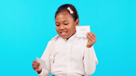 Face,-learning-math-and-girl-with-cards-in-studio