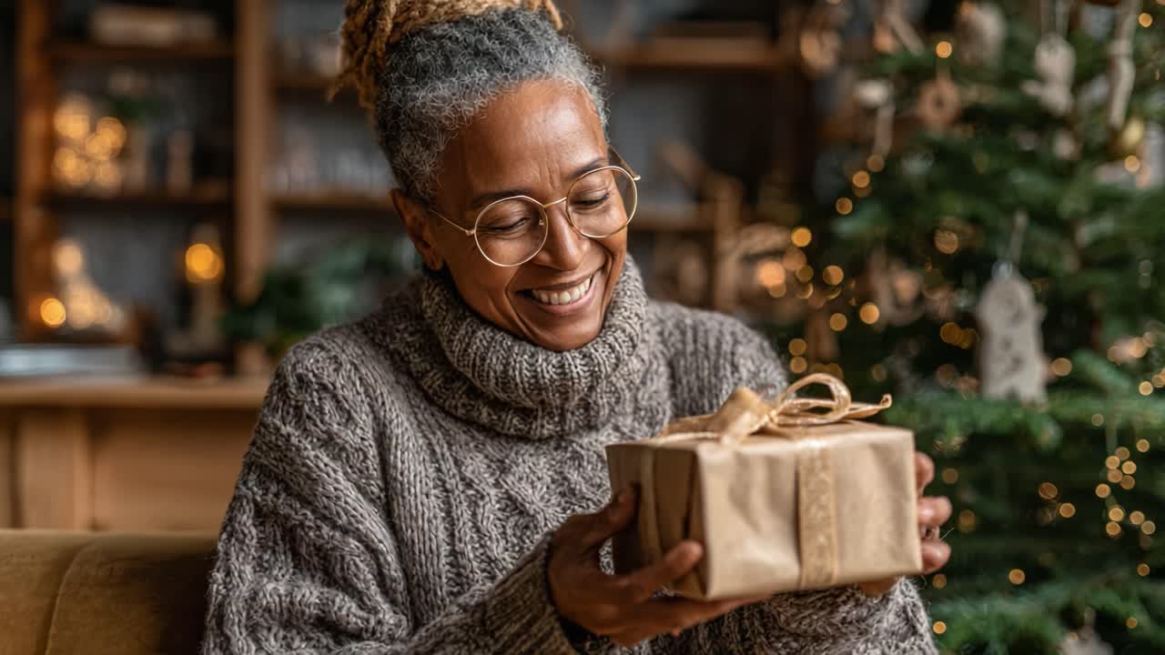 Joyful Moment of Gift Unwrapping: A Warm Smile in a Cozy Setting Surrounded by Holiday Cheer and Festive Decor, Embracing the Spirit of Giving and Togetherness