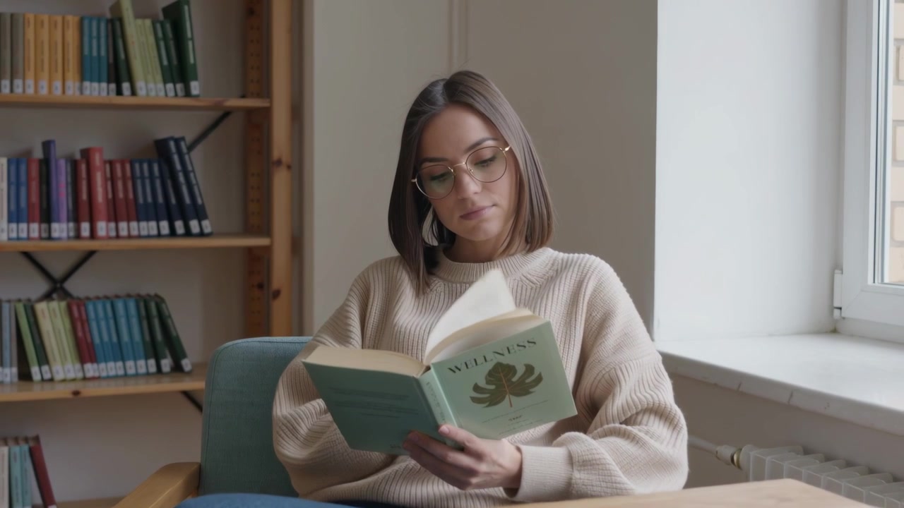 Seiten überfliegend, Frau mit Brille in beigem Pullover blättert grüne Buchseiten am Lernplatz um, studierend.