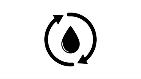 water drop animated. 4k video. recycle water icon. water drop with 2 sync arrows. single black round liquid recycle icon. planet bio protection circle flat design. motion graphic design.