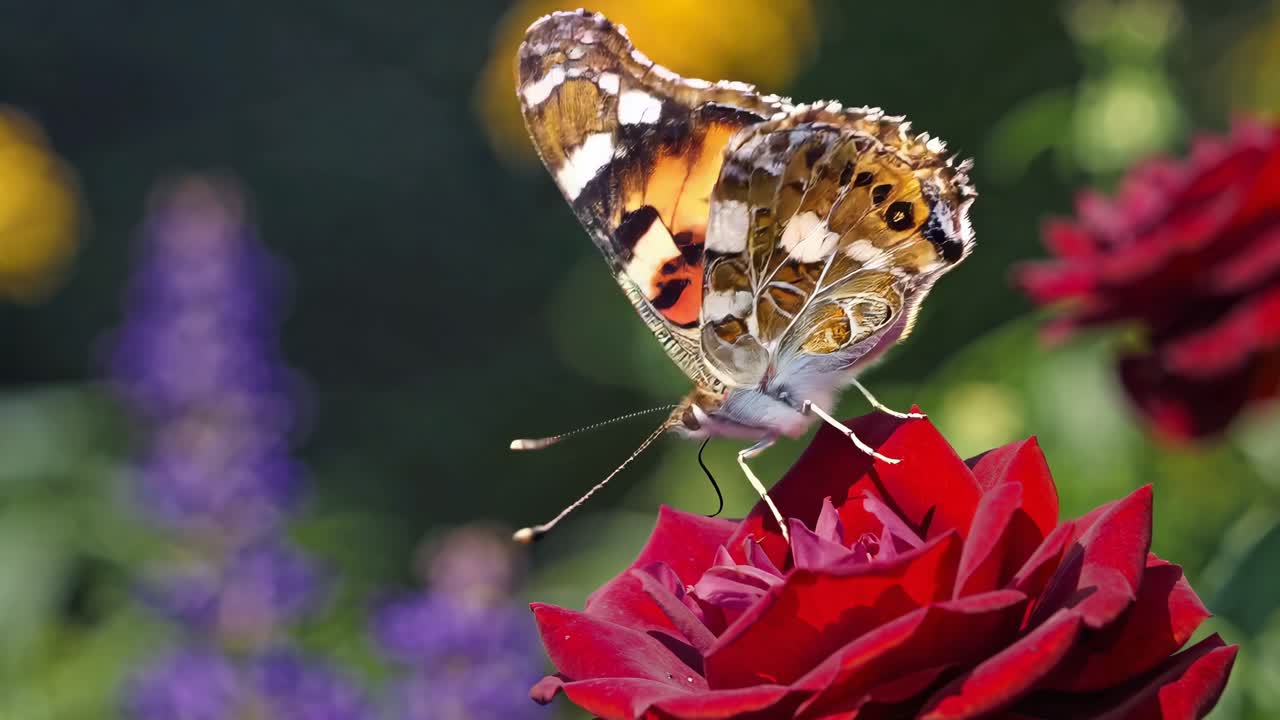 Serena scena di un giardino con fiori vivaci e un albero maestoso, catturata a livello degli occhi
