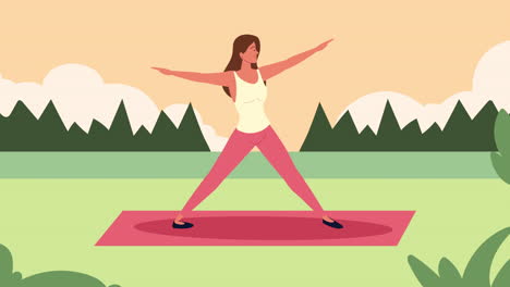 young woman practicing yoga character in the camp