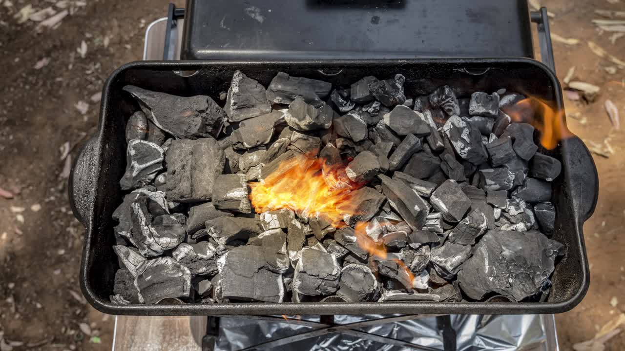 кинематограф горящего огня на сожженном углях на гриле
