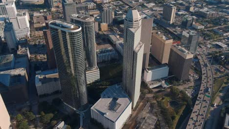 drone view of skyscrapers in the downtown houston area